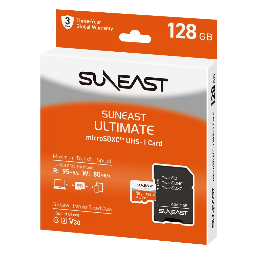 Thẻ nhớ SunEast MicroSDXC 64GB | 128GB – U3/V30, tốc độ 95 MB/s, quay video 4K UHD (Orange Series)