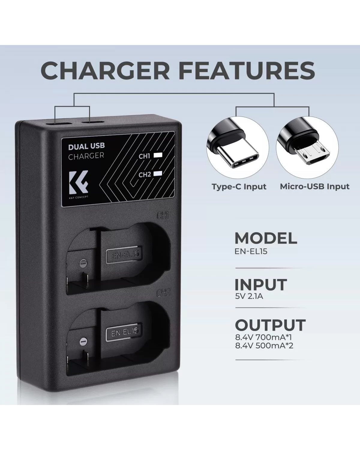 Bộ sạc đôi K&F Concept dành cho pin EN-EL15, EN-EL15a và EN-EL15b - KF28.0006