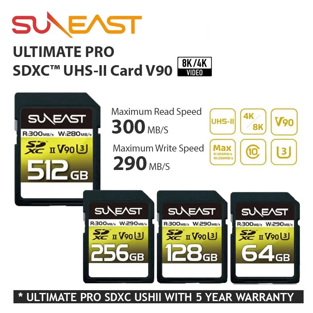 Thẻ nhớ SDXC SunEast V90 Ultimate Pro UHS-II dung lượng 64GB | 128GB | 256GB - Tốc độ 300MB/s, hỗ trợ quay 8K+4K