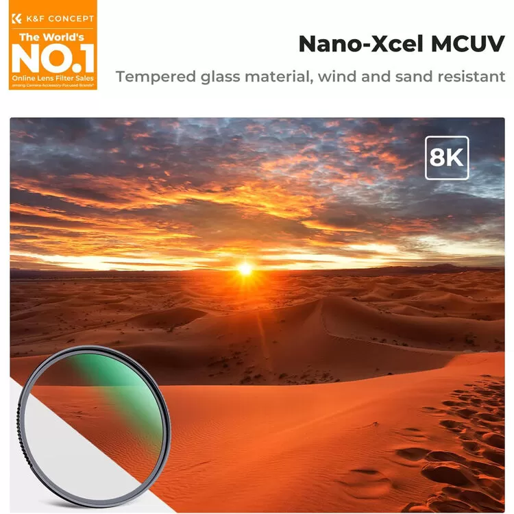 Filter UV K&F Concept MCUV kính siêu cứng, đánh bóng hai mặt, chống nước, chống trầy xước, phủ xanh chống phản xạ