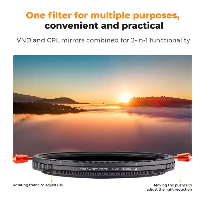 Filter K&F Concept Nano-C Variable ND2~ND32 & CPL, sử dụng loại kính đặc biệt, không bị hiệu ứng chữ X, phủ xanh 18 lớp - KF01.2599