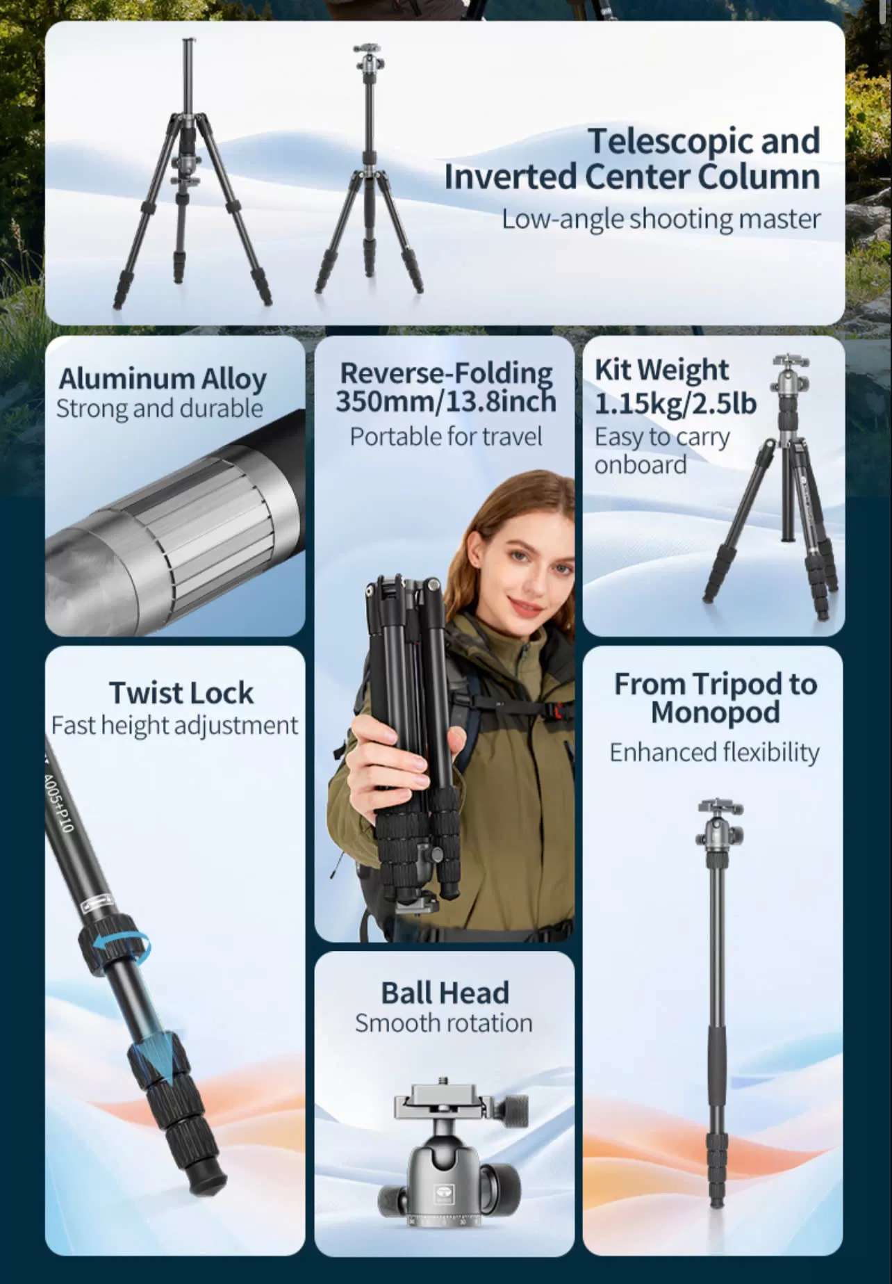 Chân Máy Ảnh SIRUI A005 + Đầu Bi P10 Cao 1.55m – Tripod Chuyên Nghiệp Cho Máy Ảnh Mirrorless & Điện Thoại