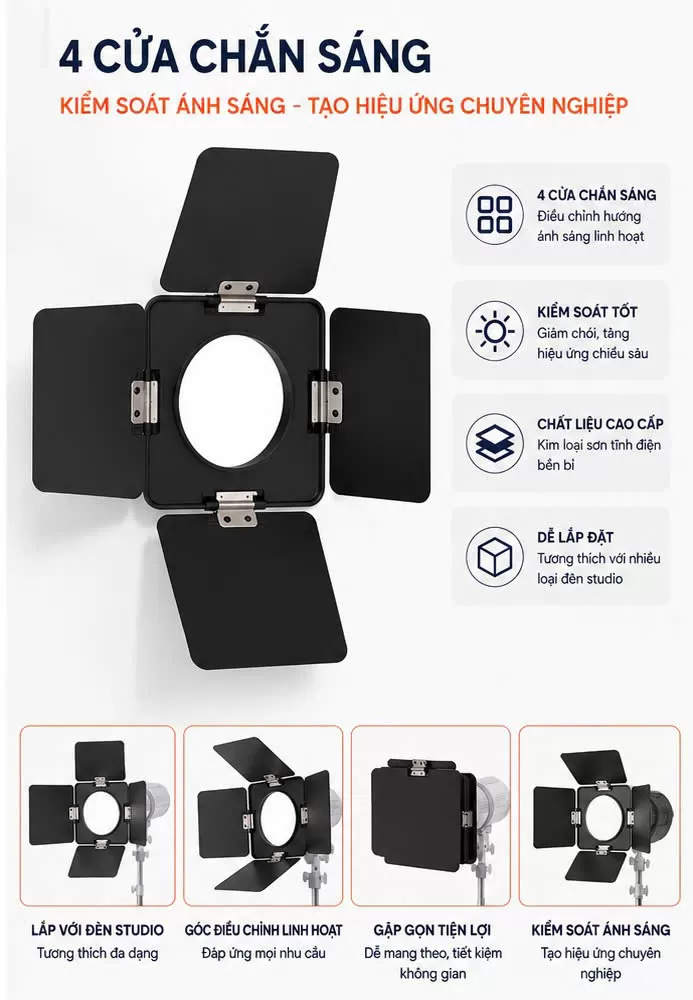 Tản sáng 4 cánh cho đèn studio LIYADI – Phụ kiện điều hướng ánh sáng chuyên nghiệp / 4-Leaves Barndoor